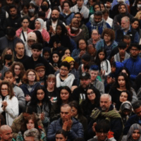 More than a thousand people attend a vigil remembering Wadea Al-Fayoume on October 17, three days after the six-year-old Palestinian American boy was stabbed to death in Plainfield, Ill. PHOTO BY SCOTT OLSON/GETTY IMAGES